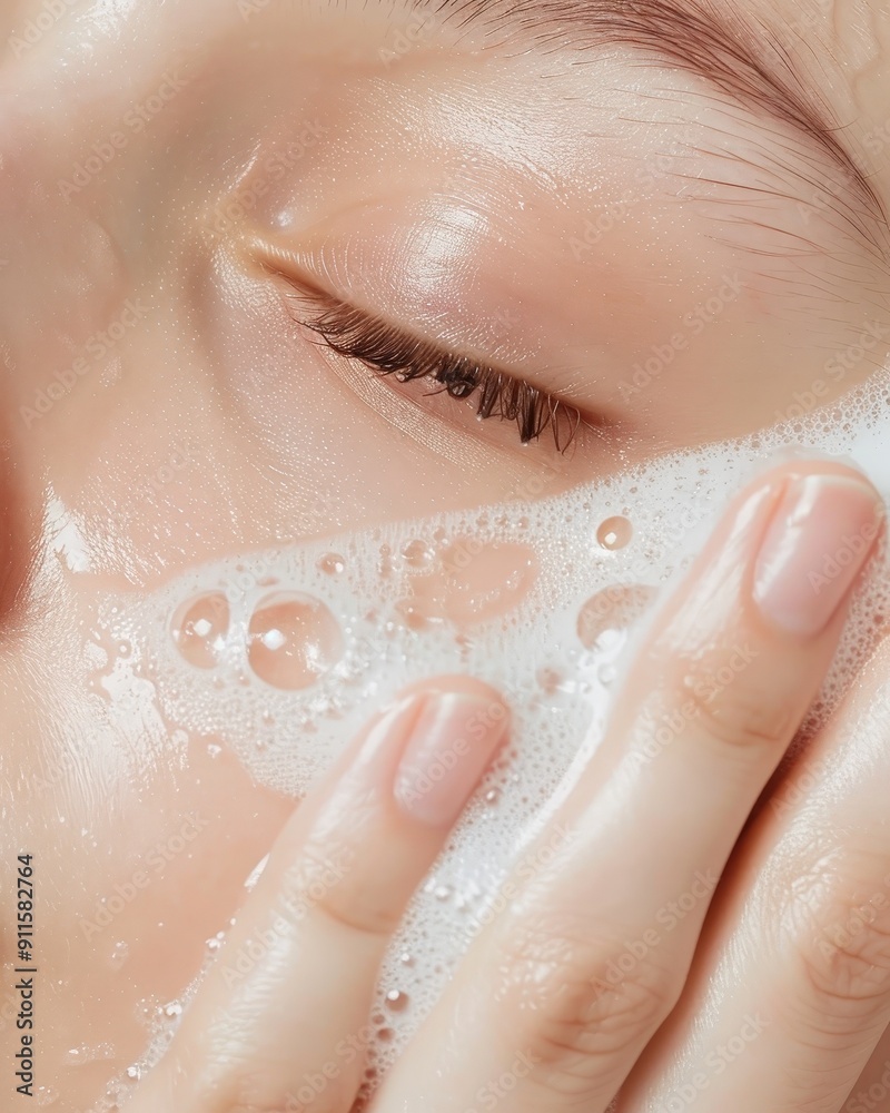 Fototapeta premium Hygiene and vitality Woman washing face in the morning, highlighting vitality and daily care