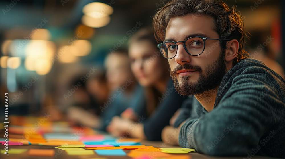 A group of professionals brainstorming new marketing ideas, colorful sticky notes and markers everywhere
