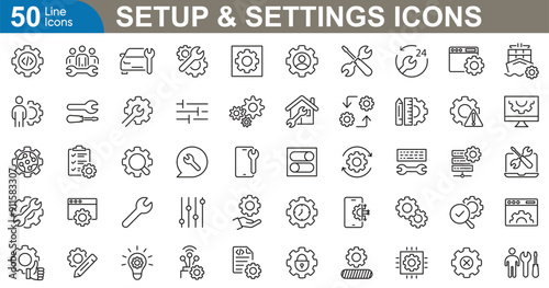 Setup and Settings tools Icons Collection. User, gear, preferences, options, adjustments, tool, configuration, technical and system. vector illustration.