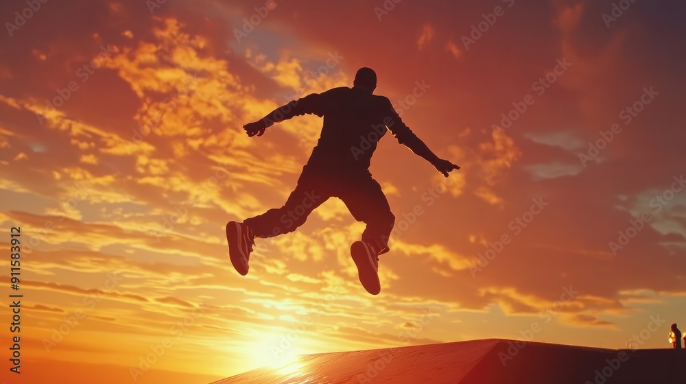 Adventurous Man parkour sunset. Sport adventure. Generate Ai Adventurous Man parkour sunset. Sport adventure. Generate Ai
