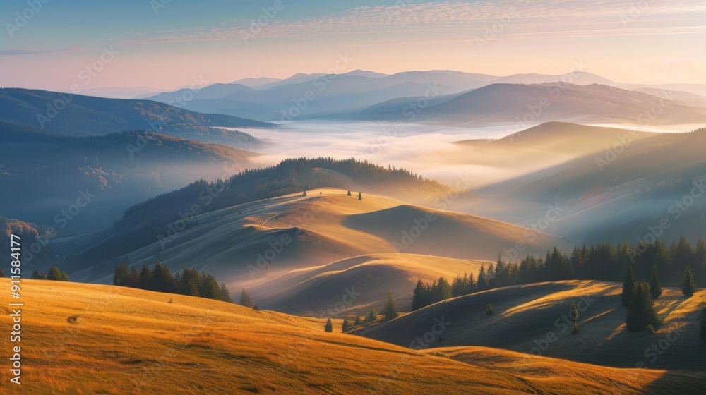 Obraz premium Panoramic view of mist-covered mountains, creating a serene and atmospheric natural scene