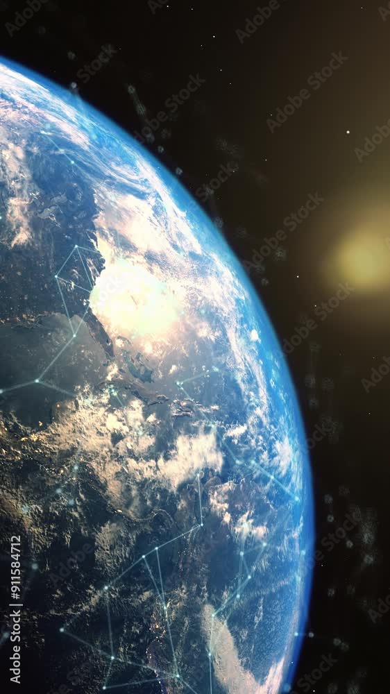 Sunrise on Planet Earth with global communication plexus lines. Digital media, data exchange visualization and innovation. Celebrate World Telecommunication and Information Society Day. Vertical