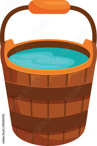 Wooden bucket is holding water with a metal handle and bands
