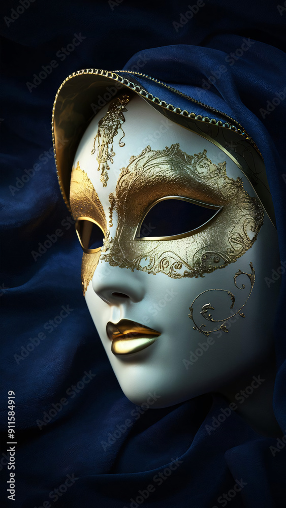 Venetian Elegance: Golden Mask on Blue Velvet Venetian Elegance: Golden Mask on Blue Velvet