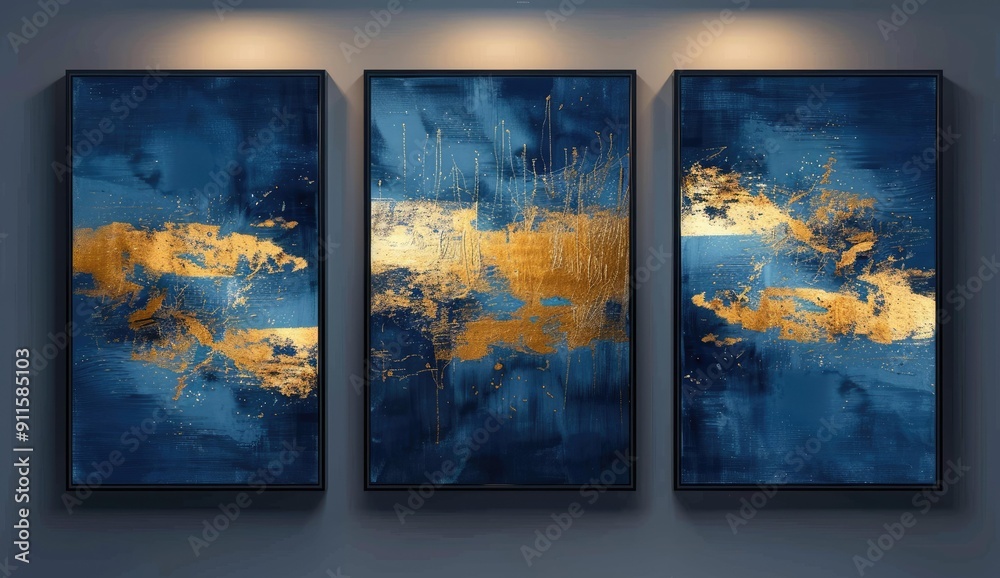 Naklejka premium Three framed abstract paintings with gold accents.