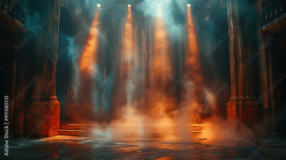 Fototapeta premium Stage illuminated with light pojectors and filled with scenic smoke