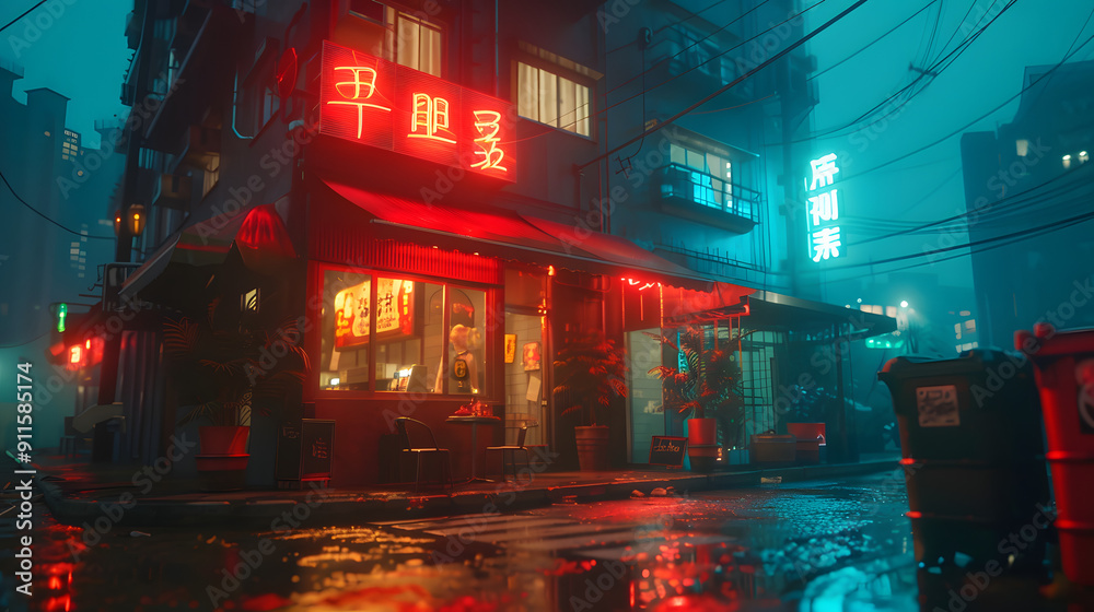 Bright neon night in a cyberpunk city. Photorealistic 3D illustration of the futuristic city. Empty street with blue neon lights. Bright neon night in a cyberpunk city. Photorealistic 3D illustration of the futuristic city. Empty street with blue neon lights.