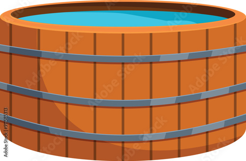 Round wooden hot tub filled with water, traditional bathing and wellness