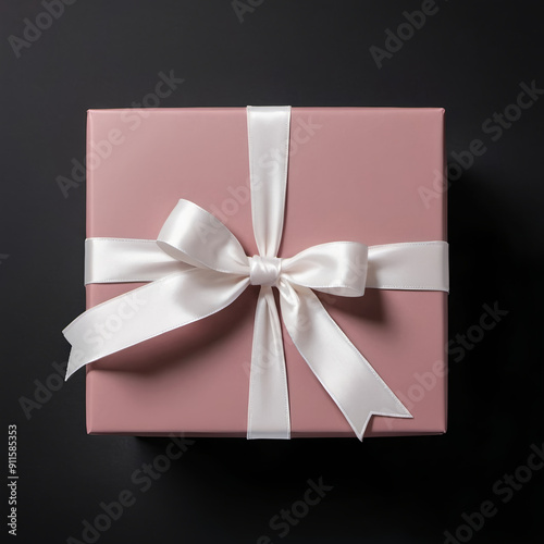 Dusty pink giftbox with milky-white ribbon bow on isolated black background with empty space