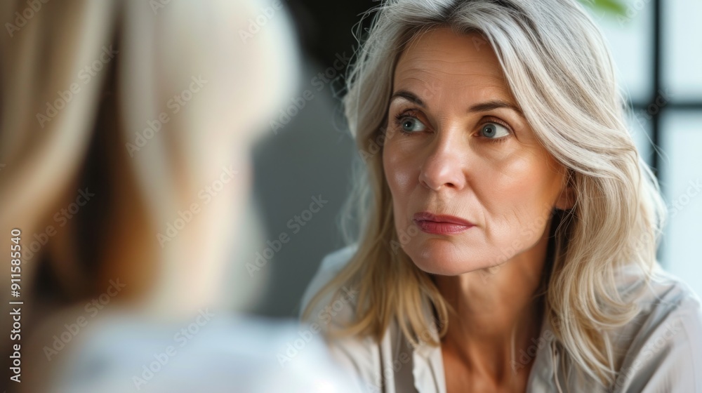 Middle-aged woman looking at herself in the mirror Middle-aged woman looking at herself in the mirror