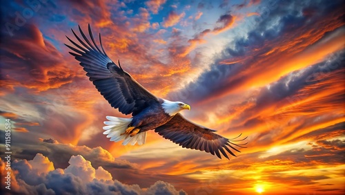 Serene Sunset Symphony: A Watercolor Tapestry of a Majestic Bald Eagle Soaring Through a Fiery Sky AI Generated