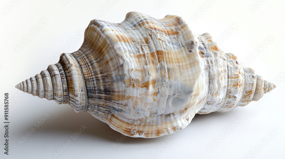 Delicate Beauty: Detailed Close-up of a Weathered Seashell on Pure White Surface Delicate Beauty: Detailed Close-up of a Weathered Seashell on Pure White Surface