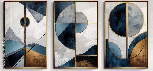 Fototapeta Naklejka Na Ścianę i Meble -  Three abstract paintings with gold and blue tones.