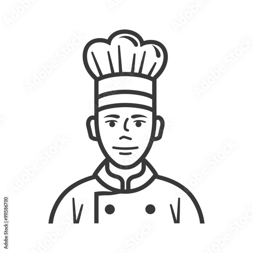 Line Art Illustration of a Chef Wearing a Tall Hat