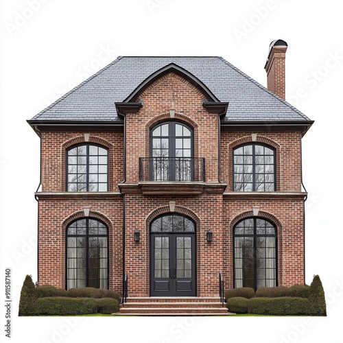 Front view of a luxury brickwall house isolated on a white background