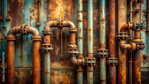 Rust and Resilience: A Symphony of Industrial Pipes Against a Grunge-Textured Backdrop  Generative AI photo