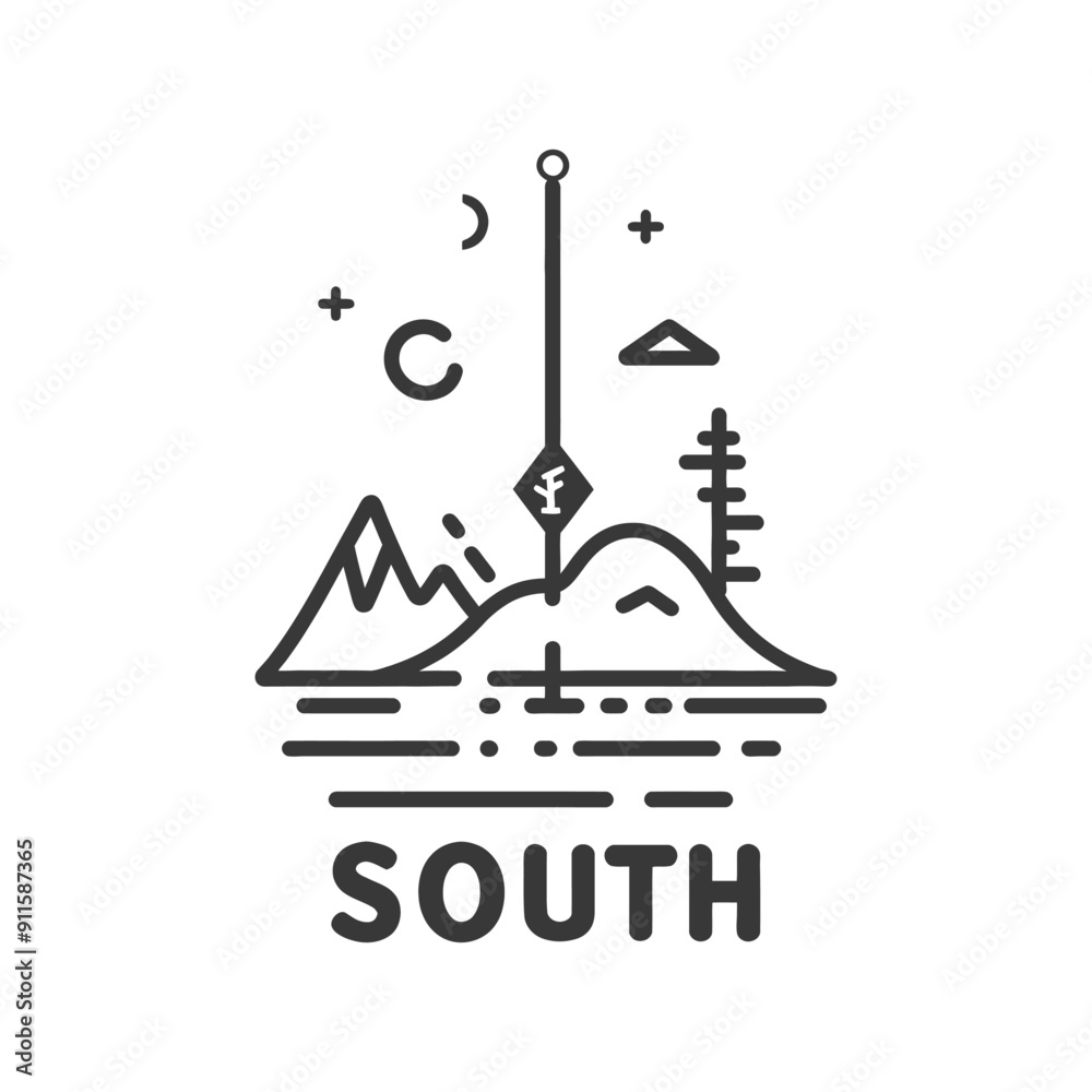 Line Art Illustration of a Compass with Mountain Landscape and the Word South Line Art Illustration of a Compass with Mountain Landscape and the Word South