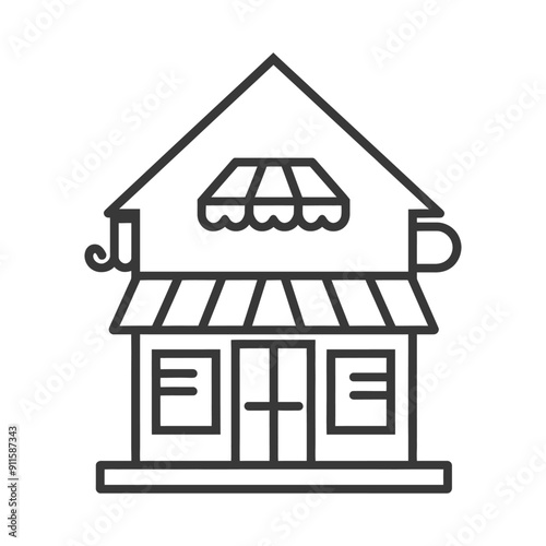 Line Art Illustration of a Coffee Shop Building with a Cup Handle
