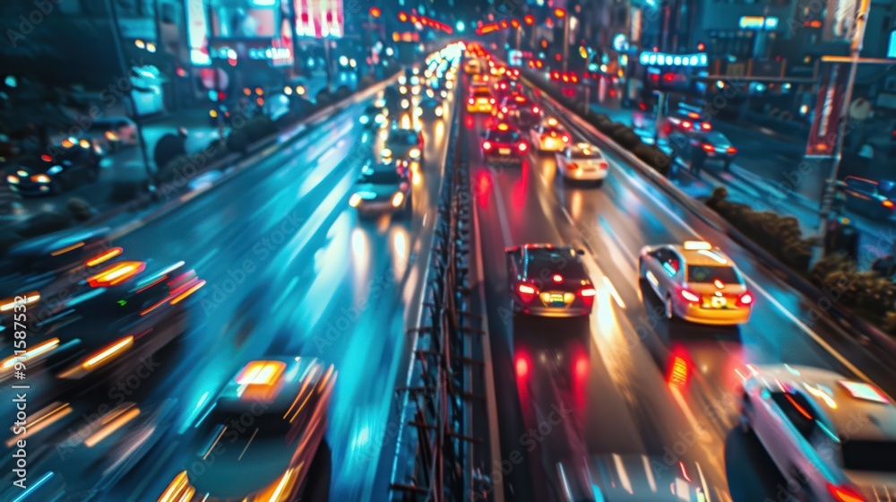 Energetic urban cityscape with blurred motion of cars on a busy street at night