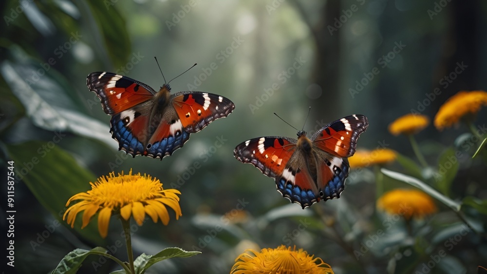 Obraz premium A pair of brightly coloured butterflies engaged in a delicate dance above a jungle clearing filled with wildflowers