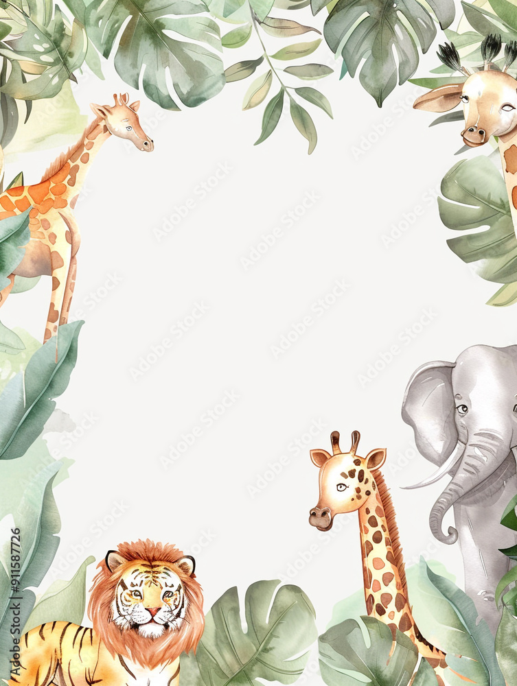Fototapeta premium Cute animal illustration with copy space in the middle suitable for children's invitation design