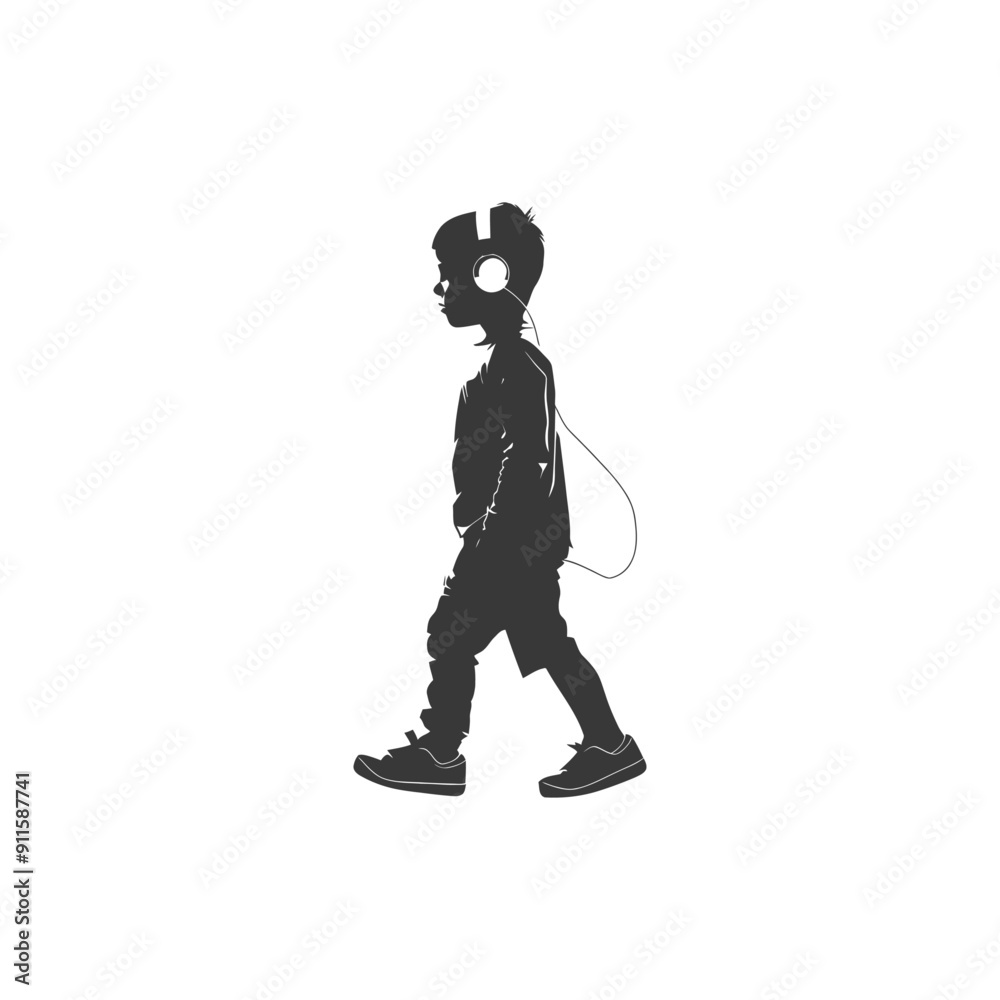 Fototapeta premium Silhouette of a Boy Walking While Listening to Music