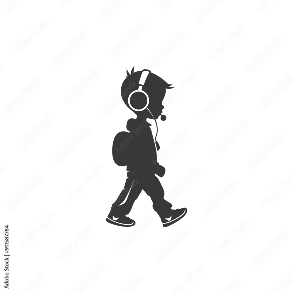 Silhouette of a Boy Walking with Headphones and Backpack Silhouette of a Boy Walking with Headphones and Backpack