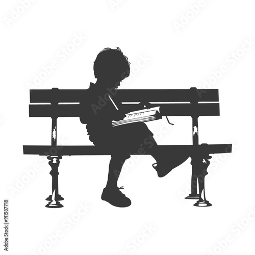 Silhouette of a Boy Sitting on a Bench Writing in a Notebook