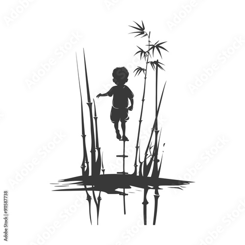 Silhouette of a Boy Standing on Stilts in a Bamboo Forest