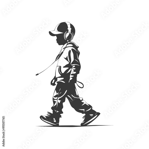 Silhouette of a boy walking with headphones and a cap