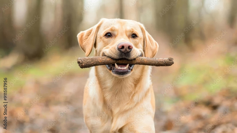 Energetic Labrador carrying a stick in its mouth, running in the woods, joyful pet, natural background