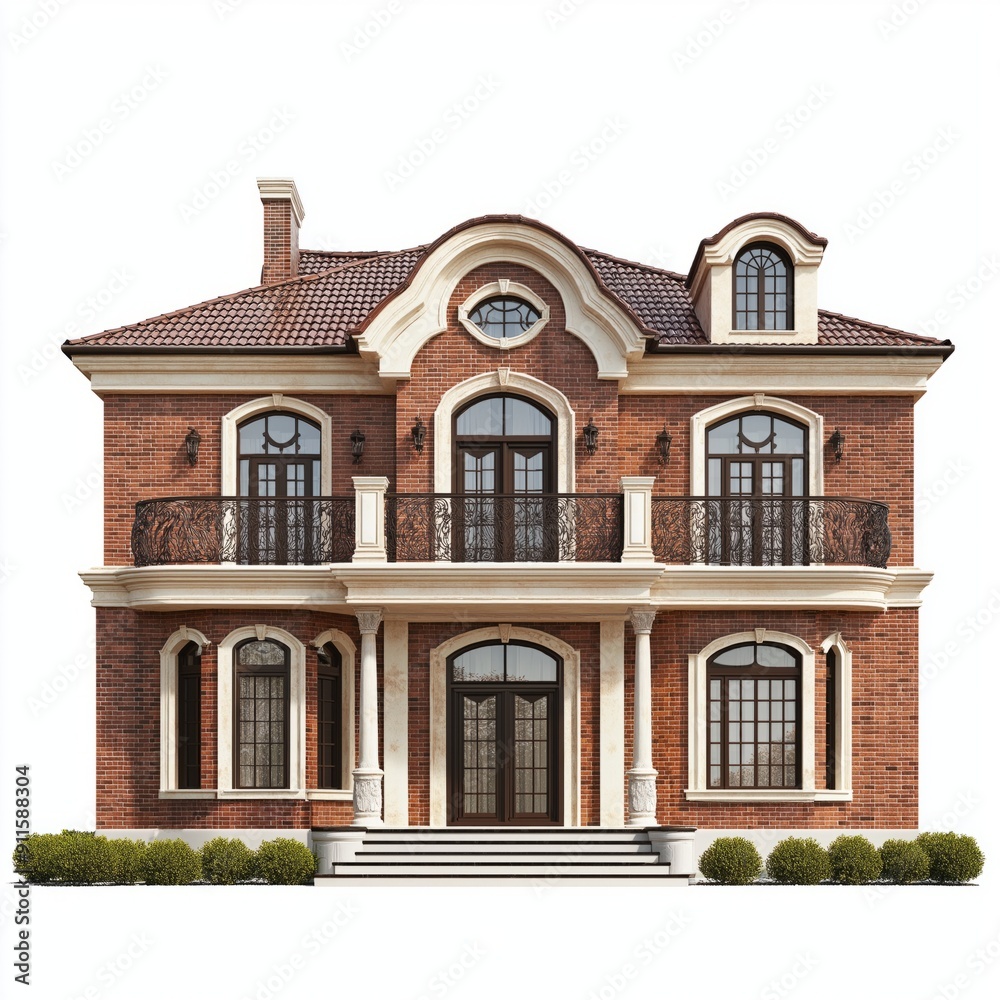 Fototapeta premium Front view of a luxury brickwall house isolated on a white background