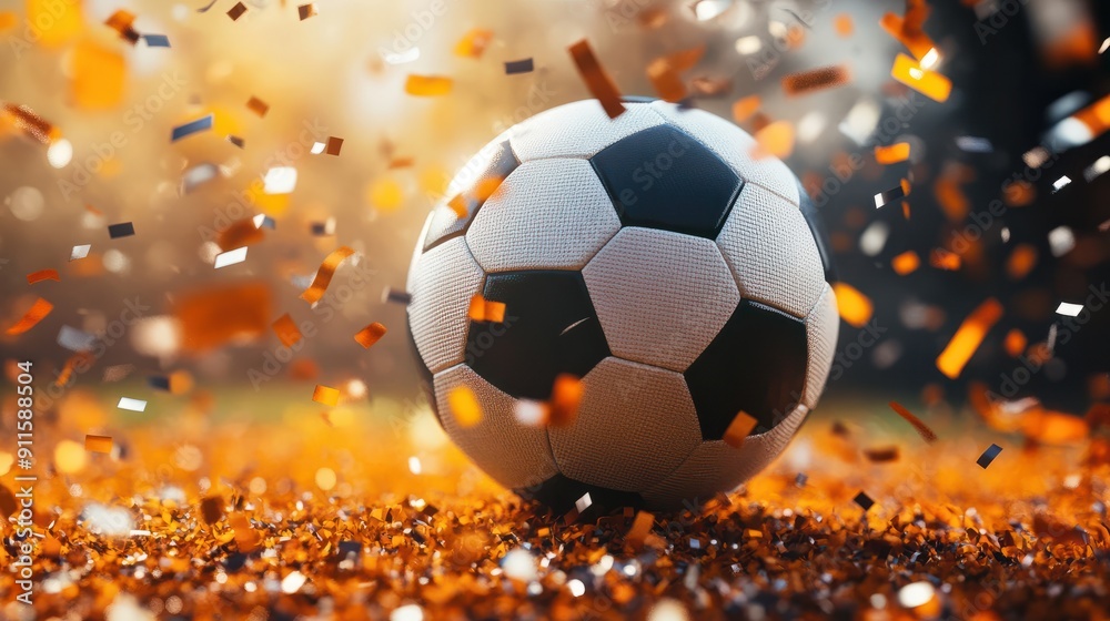 Fototapeta premium EM European Championship 2024 sport win, triumph, winner celebration concept background illustration. - Soccer ball and confetti
