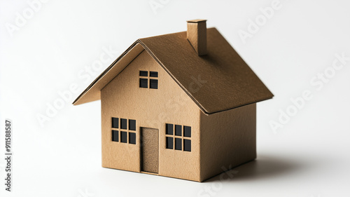 A minimalist cardboard house model with detailed windows and roof, set against a white background, symbolizing home and simplicity.
