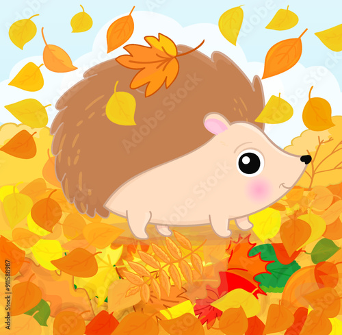 Hedgehog with leaves on his back. Cartoon style. Vector autumn illustration with urchin character