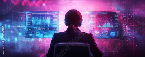 Wallpaper Mural A professional monitors data analytics on dual screens, illuminated by vibrant colors, showcasing technology and innovation. Torontodigital.ca