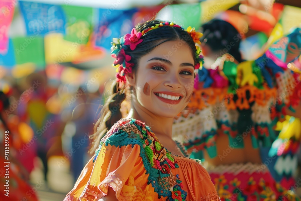 Smiling woman in traditional Mexican dress with colorful decorations in the background. Hispanic Heritage Month bakground