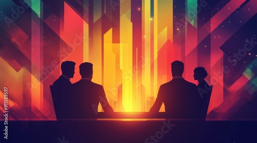 Silhouetted figures against a vibrant abstract background, symbolizing connection, creativity, and inspiration in a modern setting.