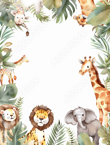 Cute animal illustration with copy space in the middle suitable for children's invitation design photo