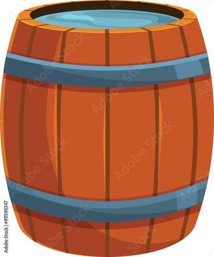 Wooden barrel filled with water, traditional container for liquid, storage of water resources