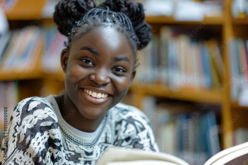Smiling Young Woman of Color Reading in Classroom, Studying Diligently Smiling Young Woman of Color Reading in Classroom, Studying Diligently