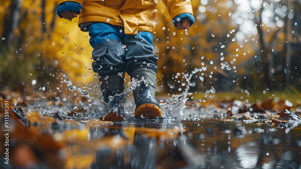 Child in raincoat and boots splashing in autumn puddle Child in raincoat and boots splashing in autumn puddle