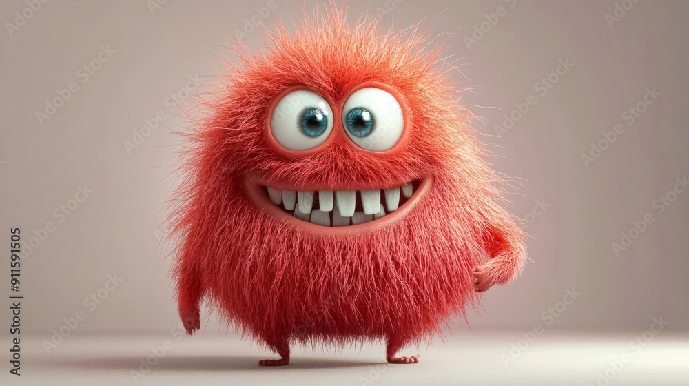 Fototapeta premium Cute red furry monster 3D cartoon character