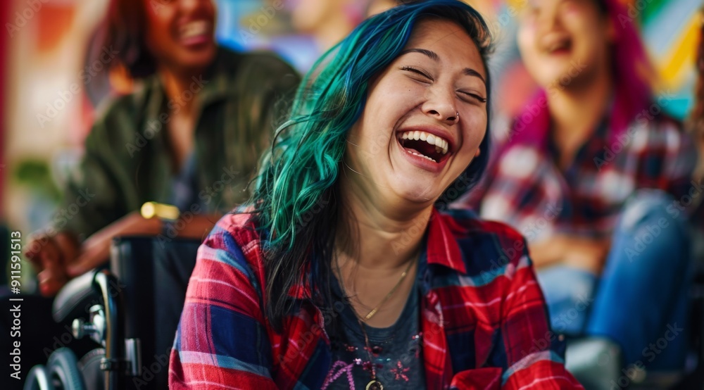 Joyful Disabled Asian Woman with Blue Hair Embracing Inclusion in Office Environment Joyful Disabled Asian Woman with Blue Hair Embracing Inclusion in Office Environment