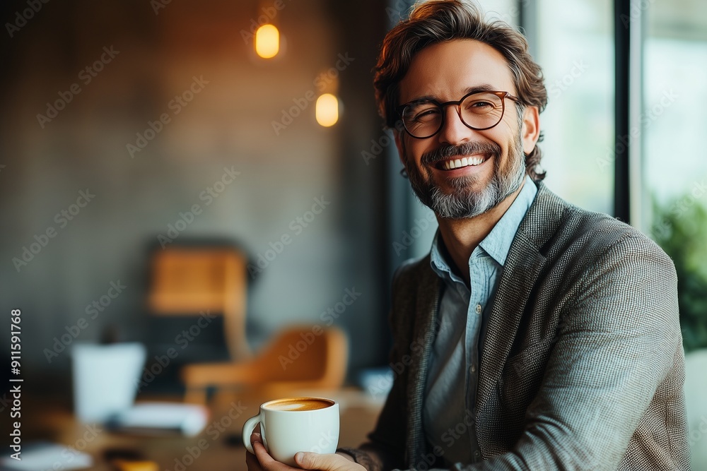 Happy businessman taking a coffee break at work office Happy businessman taking a coffee break at work office