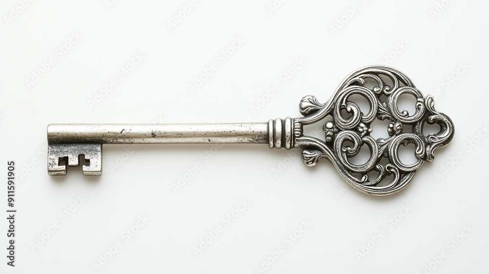 Elegant Antique Silver Key with Intricate Engravings and Delicate Filigree on White Background Elegant Antique Silver Key with Intricate Engravings and Delicate Filigree on White Background
