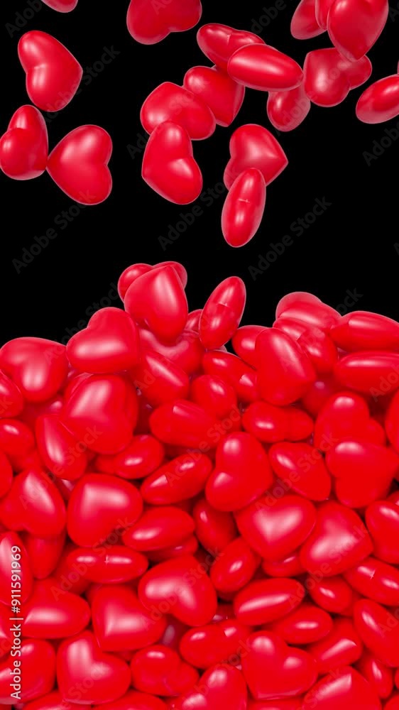 Rain of rapidly falling 3d shiny isometric red hearts covering the alpha screen. Transition. Love, romantic effect and Valentine's Day concept. Vertical Wedding background, loop.Phone wallpaper