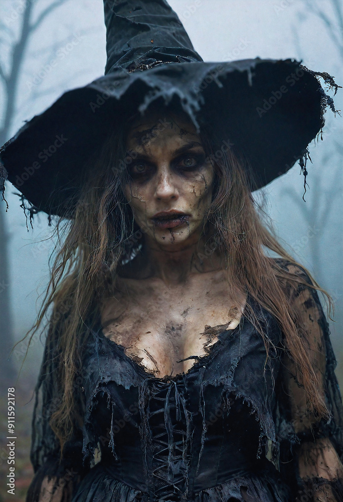 Portrait of a woman vampire zombie witch with dark makeup wearing black tattered clothing in a forest at night. Portrait of a woman vampire zombie witch with dark makeup wearing black tattered clothing in a forest at night.