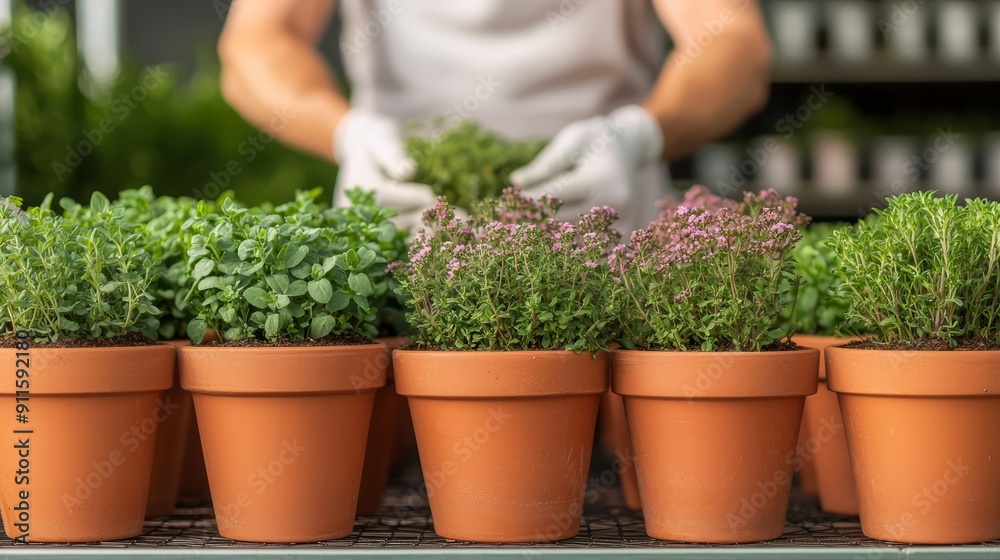 A gardener arranging a display of potted herbs and flowers in a greenhouse