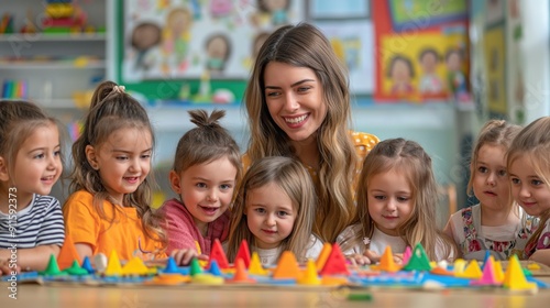 Primary school teacher plays with children. First-graders. Kindergarten. School education. Gaining knowledge. Learning. Lesson. Students and teacher. Happiness. Joy.